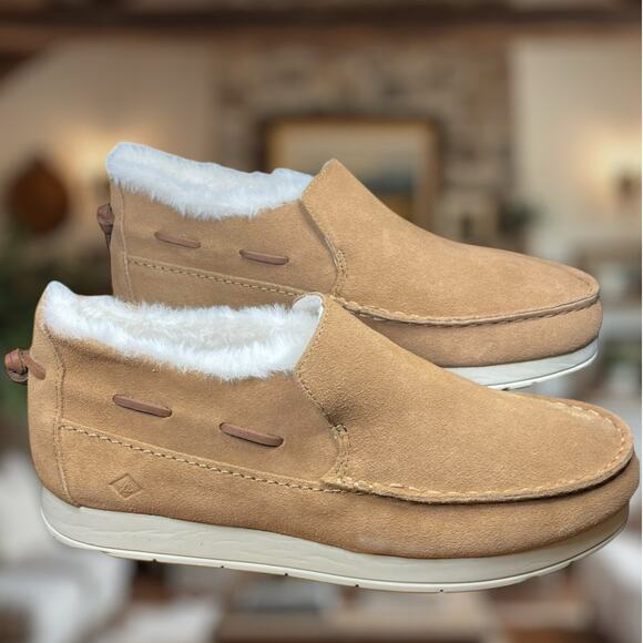 Women's 10 NWOT SPERRY Top-Sider Moc-Sider Tan Suede WR Loafers Faux Fur Lining - Picture 1 of 11